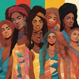 A high-quality digital art piece showcasing a diverse group of women