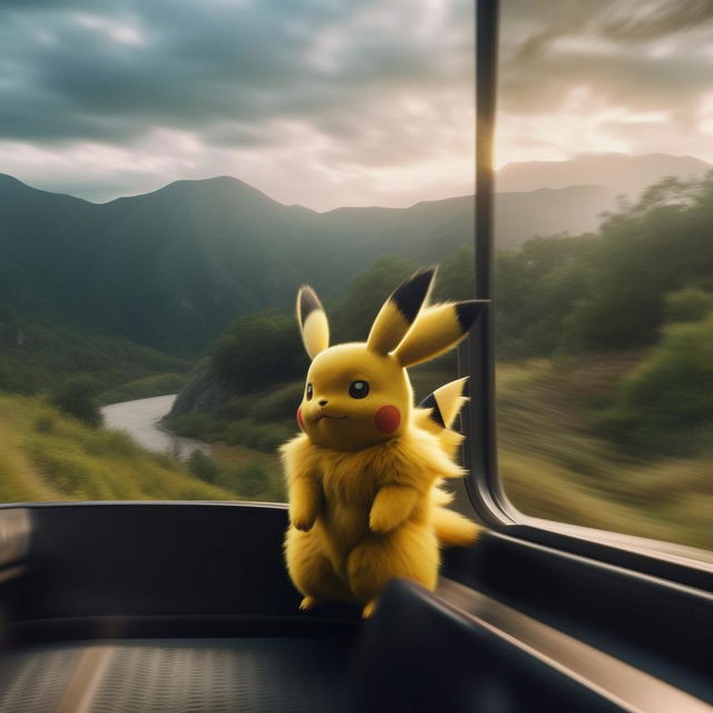 A cinematic, epic photograph of Pikachu standing on a moving train, with the wind sweeping its fur and the dramatic landscape blurring past in the background.