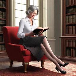 A digital art image of a mature woman engrossed in a book in a library setting