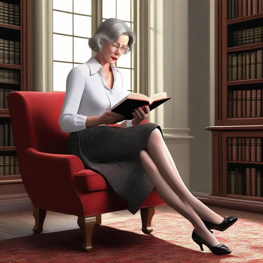 A digital art image of a mature woman engrossed in a book in a library setting