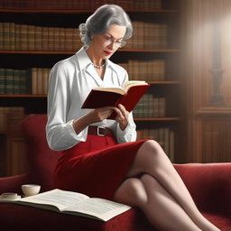 A digital art image of a mature woman engrossed in a book in a library setting