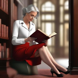 A digital art image of a mature woman engrossed in a book in a library setting