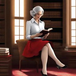 A digital art image of a mature woman engrossed in a book in a library setting