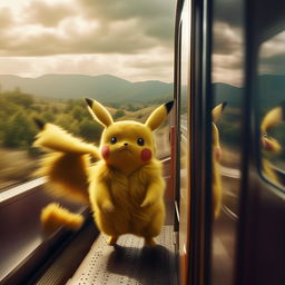 A cinematic, epic photograph of Pikachu standing on a moving train, with the wind sweeping its fur and the dramatic landscape blurring past in the background.