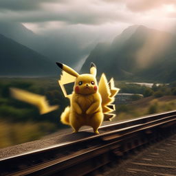 A cinematic, epic photograph of Pikachu standing on a moving train, with the wind sweeping its fur and the dramatic landscape blurring past in the background.