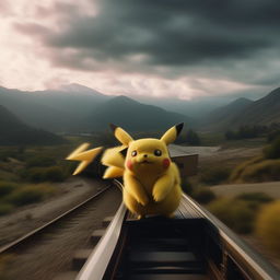 A cinematic, epic photograph of Pikachu standing on a moving train, with the wind sweeping its fur and the dramatic landscape blurring past in the background.