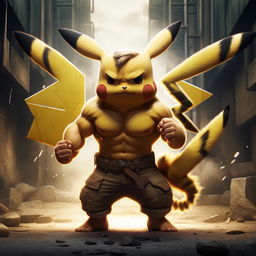 An epic and cinematic image of muscular, pumped-up Pikachu showcasing his strength, poised in an intimidating stance