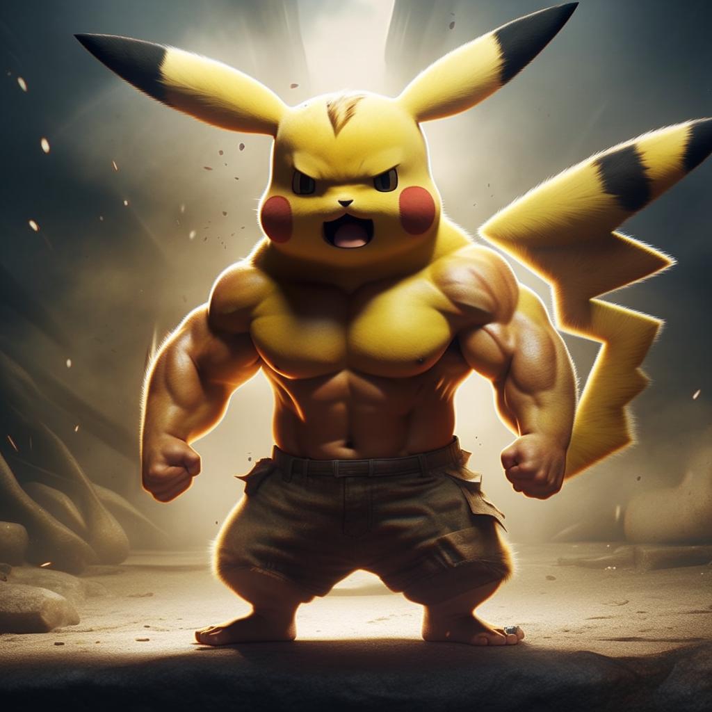 An epic and cinematic image of muscular, pumped-up Pikachu showcasing his strength, poised in an intimidating stance