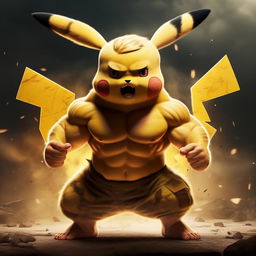 An epic and cinematic image of muscular, pumped-up Pikachu showcasing his strength, poised in an intimidating stance