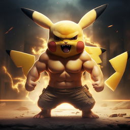 An epic and cinematic image of muscular, pumped-up Pikachu showcasing his strength, poised in an intimidating stance