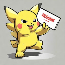 Final image of muscular Pikachu with a 'thumbs up', next to a large business card on the ground with 'TREN' written in bold capital letters