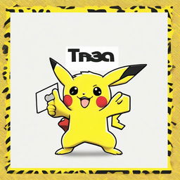 Final image of muscular Pikachu with a 'thumbs up', next to a large business card on the ground with 'TREN' written in bold capital letters