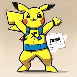 Final image of muscular Pikachu with a 'thumbs up', next to a large business card on the ground with 'TREN' written in bold capital letters