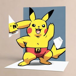 Final image of muscular Pikachu with a 'thumbs up', next to a large business card on the ground with 'TREN' written in bold capital letters