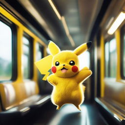 A cinematic and epic photograph, featuring Pikachu in a pronounced setting on a moving train. Pikachu is emitting a vibrant electric aura.