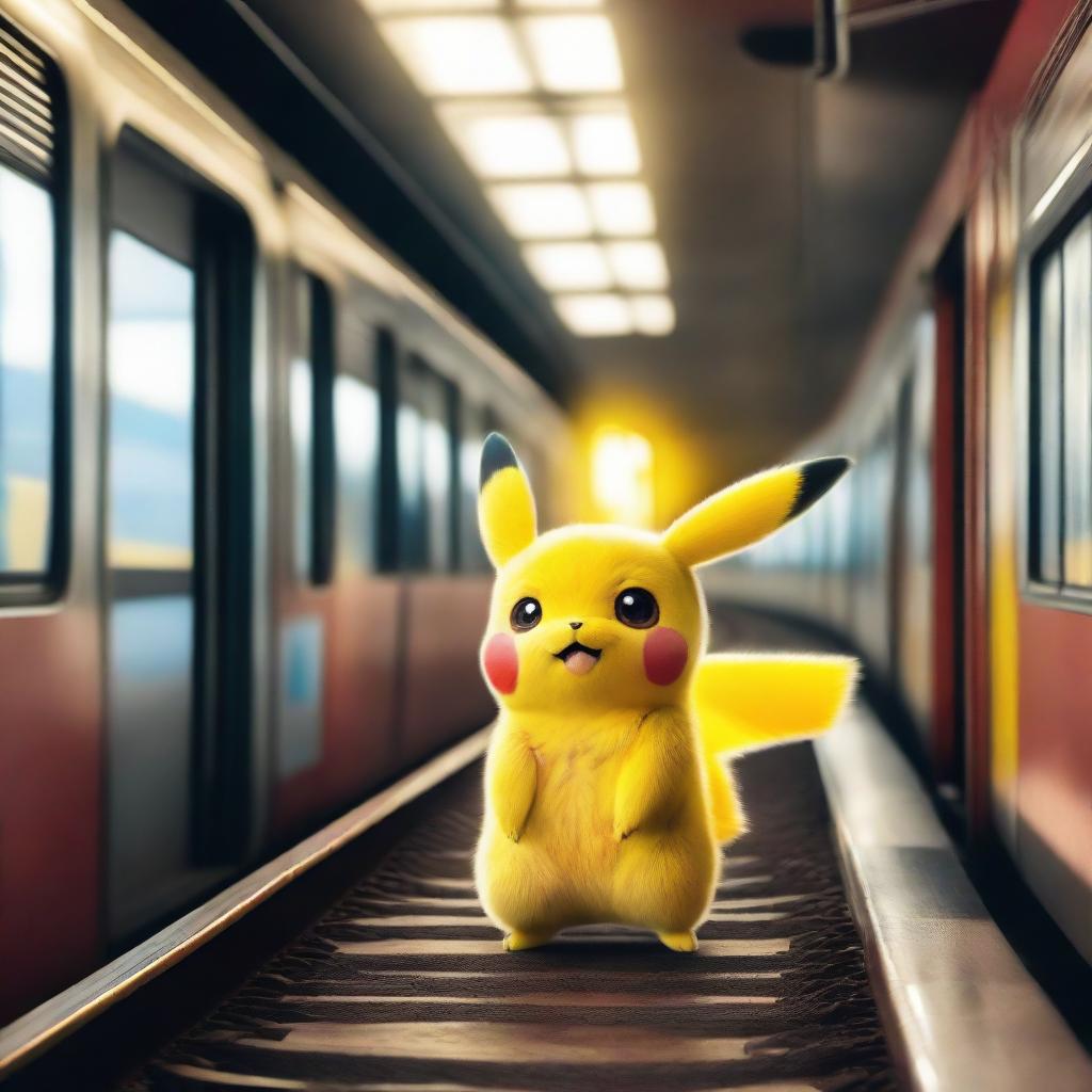 A cinematic and epic photograph, featuring Pikachu in a pronounced setting on a moving train. Pikachu is emitting a vibrant electric aura.