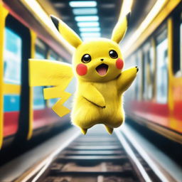 A cinematic and epic photograph, featuring Pikachu in a pronounced setting on a moving train. Pikachu is emitting a vibrant electric aura.