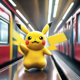 A cinematic and epic photograph, featuring Pikachu in a pronounced setting on a moving train. Pikachu is emitting a vibrant electric aura.