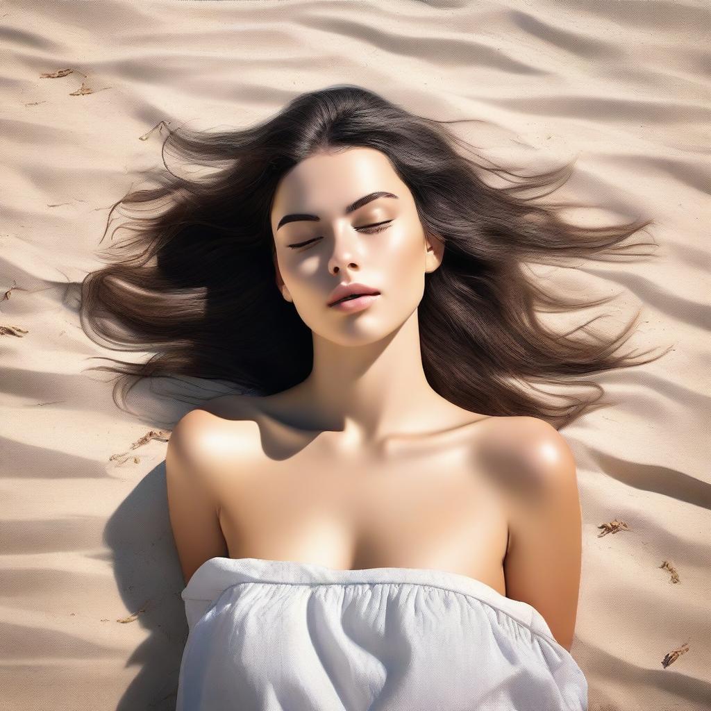A high-quality digital art image portraying Lana Rhoades lying face down on a pristine beach