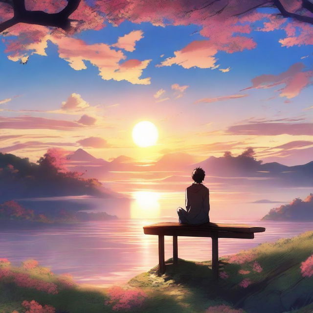 A breathtaking anime-style ultra HD scene of a man observing and relishing a vibrant sunrise.