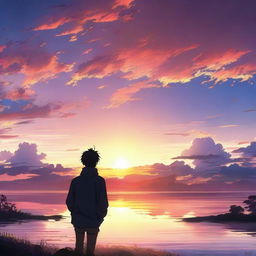 A breathtaking anime-style ultra HD scene of a man observing and relishing a vibrant sunrise.