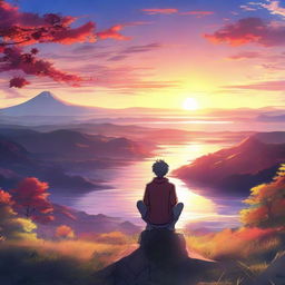 A breathtaking anime-style ultra HD scene of a man observing and relishing a vibrant sunrise.