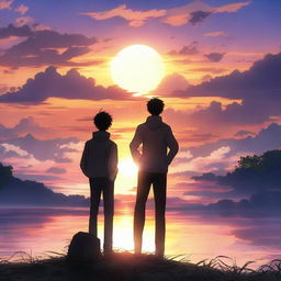 A breathtaking anime-style ultra HD scene of a man observing and relishing a vibrant sunrise.