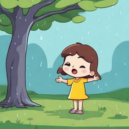 A scene with Lily sitting under a tree, a single raindrop splashing down and landing on her outstretched hand. The raindrop has a comical grumpy face.