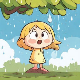 A scene with Lily sitting under a tree, a single raindrop splashing down and landing on her outstretched hand. The raindrop has a comical grumpy face.