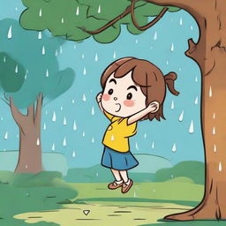 A scene with Lily sitting under a tree, a single raindrop splashing down and landing on her outstretched hand. The raindrop has a comical grumpy face.