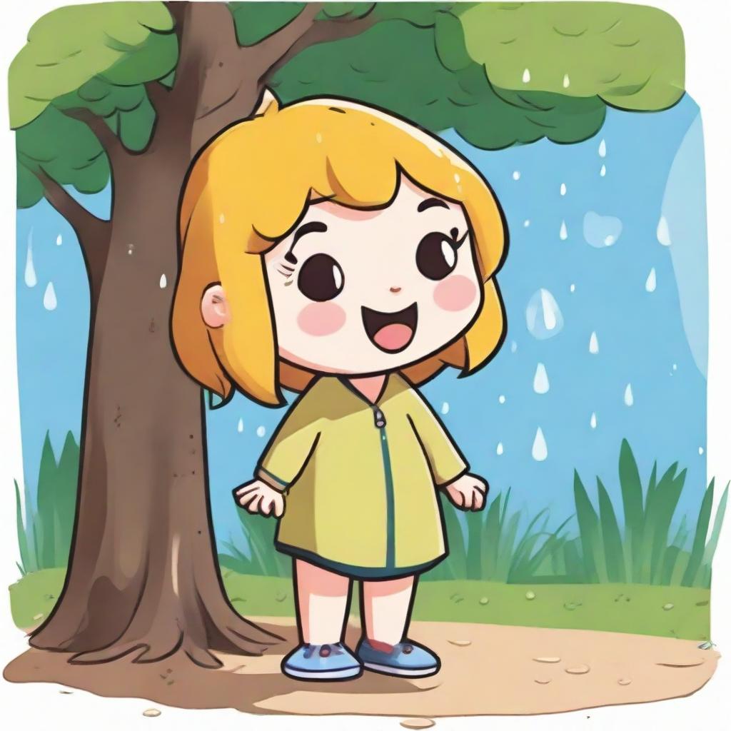 A scene with Lily sitting under a tree, a single raindrop splashing down and landing on her outstretched hand. The raindrop has a comical grumpy face.