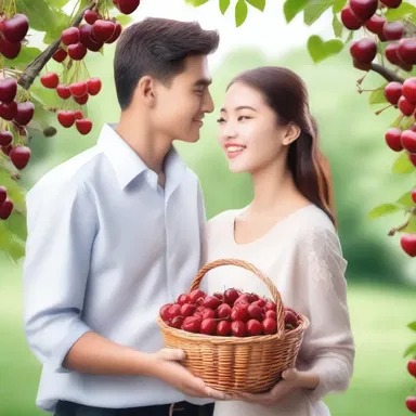 As a symbol of love, the young man presented his beloved with a basket of heart cherries, expressing his affection.