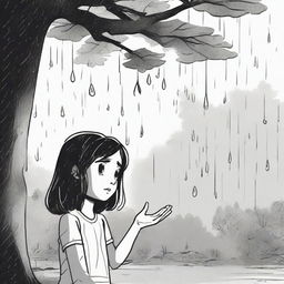 A scene focused on a girl named Lily, under a tree cassping a grumpy-looking raindrop that just fell on her hand.