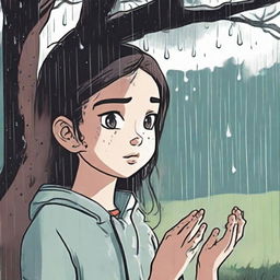 A scene focused on a girl named Lily, under a tree cassping a grumpy-looking raindrop that just fell on her hand.