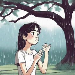 A scene focused on a girl named Lily, under a tree cassping a grumpy-looking raindrop that just fell on her hand.