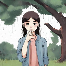 A scene focused on a girl named Lily, under a tree cassping a grumpy-looking raindrop that just fell on her hand.