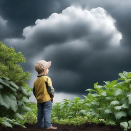 A small gardener gazing upward at a looming rain cloud, anticipation in his eyes.