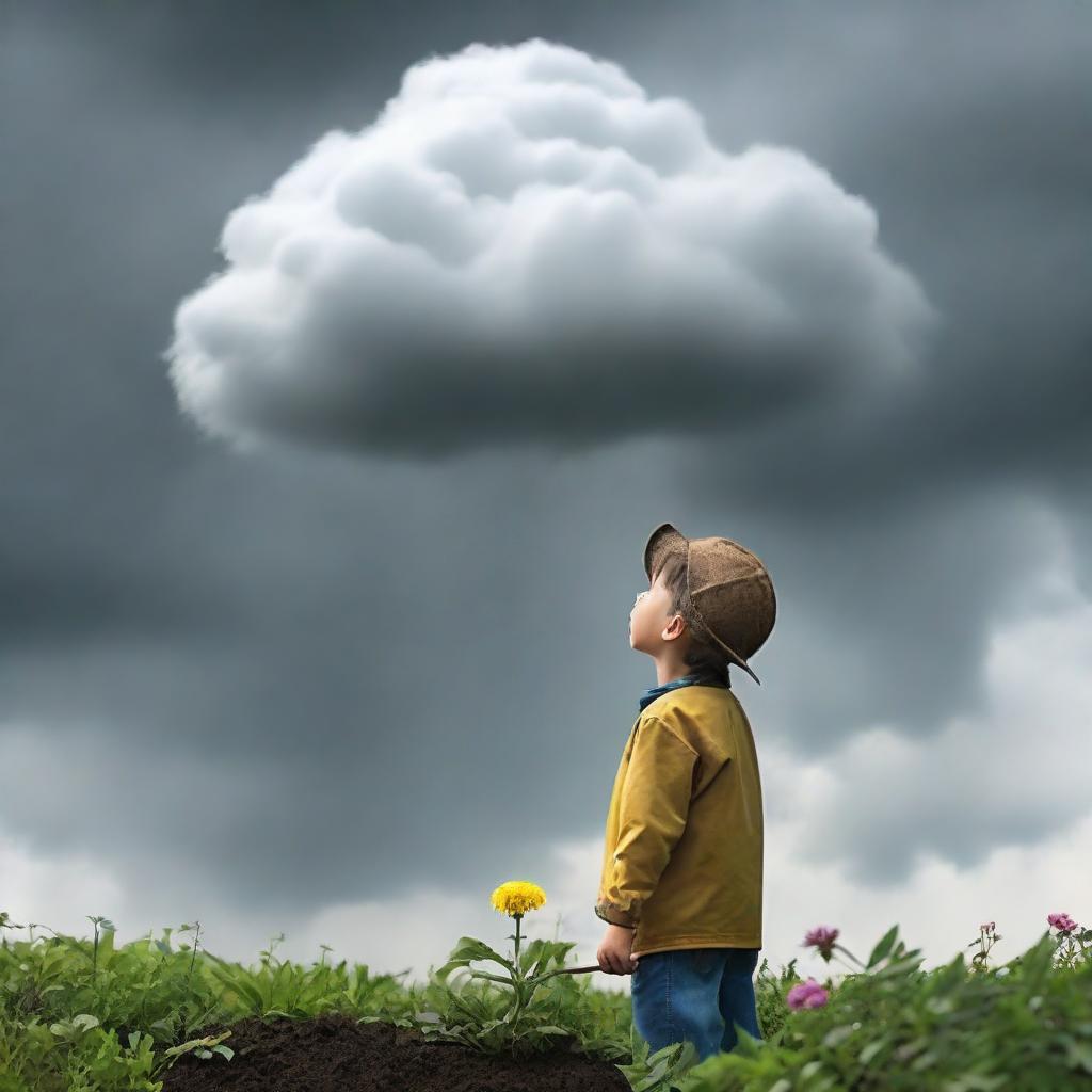 A small gardener gazing upward at a looming rain cloud, anticipation in his eyes.