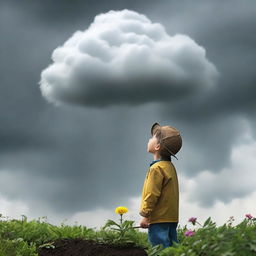 A small gardener gazing upward at a looming rain cloud, anticipation in his eyes.