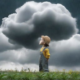 A small gardener gazing upward at a looming rain cloud, anticipation in his eyes.