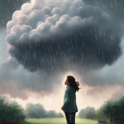 A depiction of a young female gardener looking up at a large, intimidating rain cloud with a mix of trepidation and resolve.