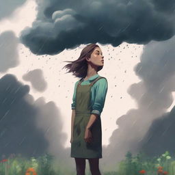 A depiction of a young female gardener looking up at a large, intimidating rain cloud with a mix of trepidation and resolve.