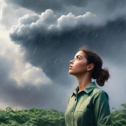 A depiction of a young female gardener looking up at a large, intimidating rain cloud with a mix of trepidation and resolve.