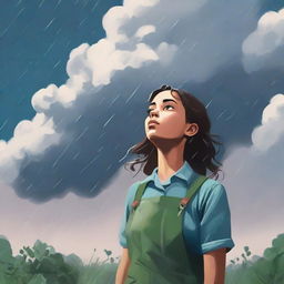 A depiction of a young female gardener looking up at a large, intimidating rain cloud with a mix of trepidation and resolve.