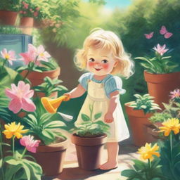 A radiant little girl named Lily joyfully watering her thriving plants in a sunlit garden, humming a lively tune.