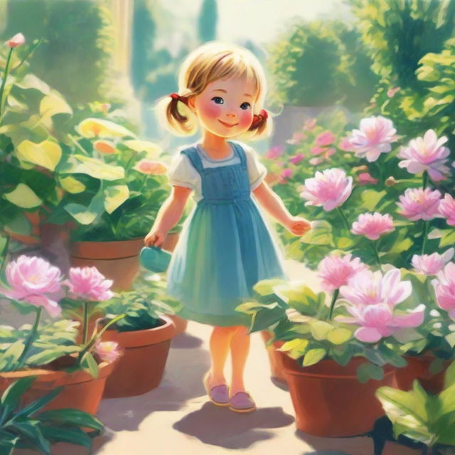 A radiant little girl named Lily joyfully watering her thriving plants in a sunlit garden, humming a lively tune.