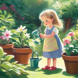 A radiant little girl named Lily joyfully watering her thriving plants in a sunlit garden, humming a lively tune.