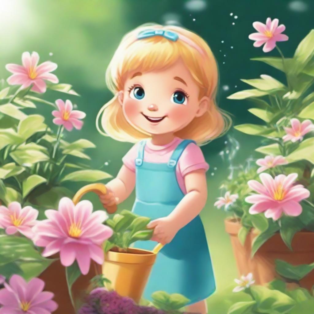 A radiant little girl named Lily joyfully watering her thriving plants in a sunlit garden, humming a lively tune.