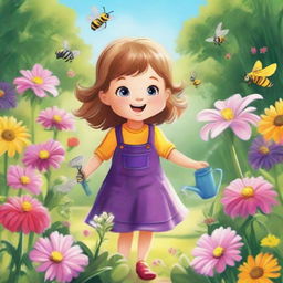 Cheerful little girl named Lily joyfully watering bountiful plants in a vibrant, sunshine-soaked garden, abundant with colorful flowers and buzzing bees.