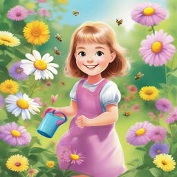 Cheerful little girl named Lily joyfully watering bountiful plants in a vibrant, sunshine-soaked garden, abundant with colorful flowers and buzzing bees.